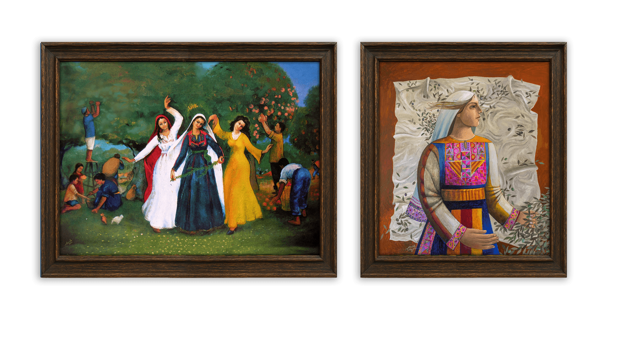 لوحتان فلسطينيّتان معروضتان في مرسم: «ربيع فلسطين» لإسماعيل شموط و«قطف الزيتون» لسليمان منصور