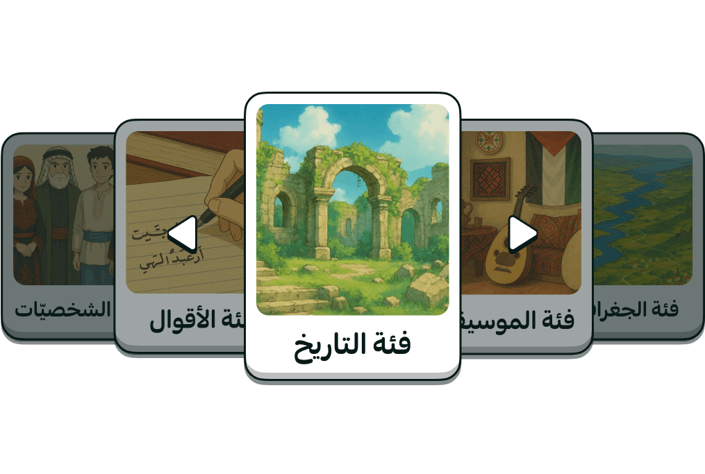 بطاقات فئات اللعبة: التاريخ، الموسيقى، الجغرافيا، الأقوال، الشخصيّات